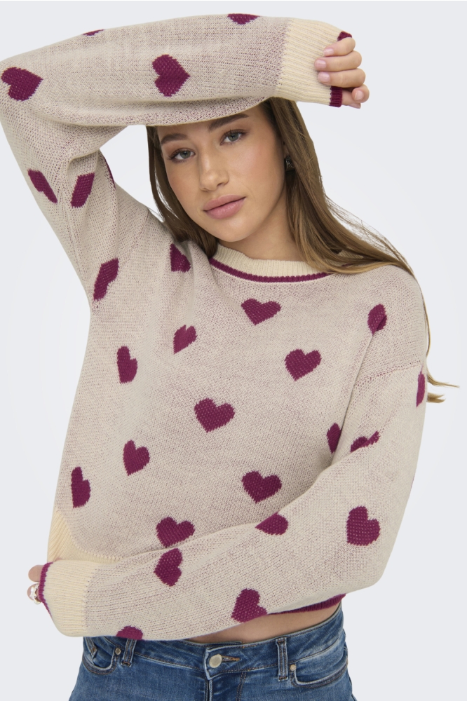 JDYROMANCE L/S JACQ. PULLOVER KNT N 15314768 Tapioca/W BEAUJOLA